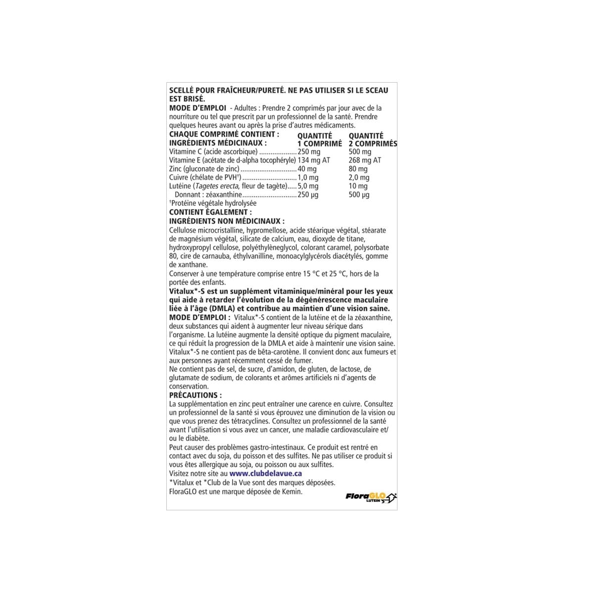 Directions, ingredients, indications, precautions for Alcon Vitalux-S Multivitamin and Multimineral AREDS Formula (50 caplets) in French