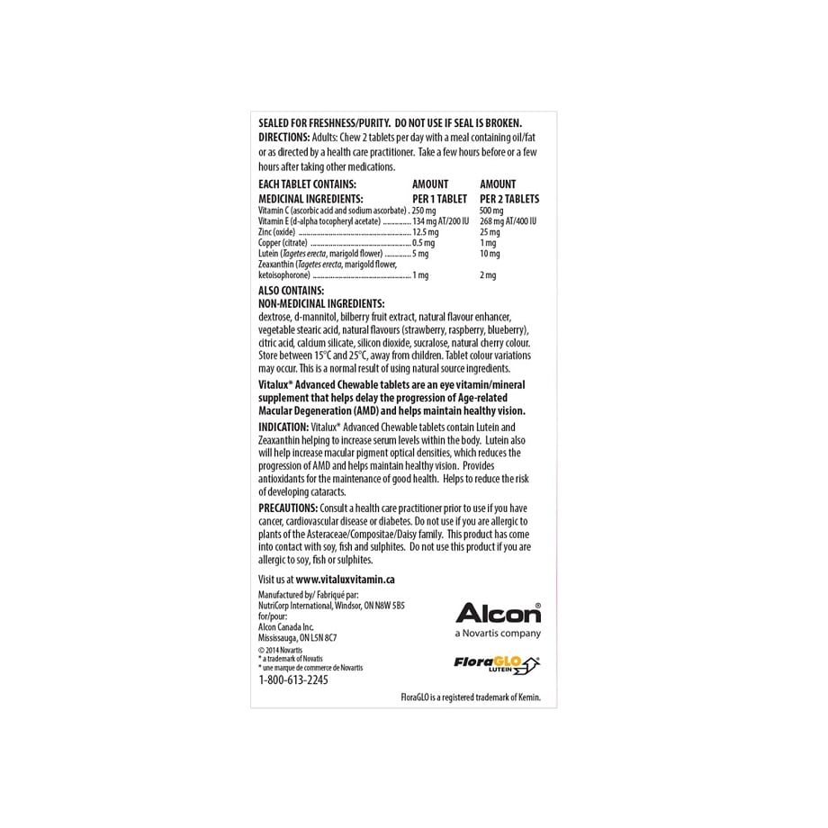 Directions, ingredients, indication, precaution for Alcon Vitalux Advanced Multivitamins AREDS2 Formula (50 chewables)