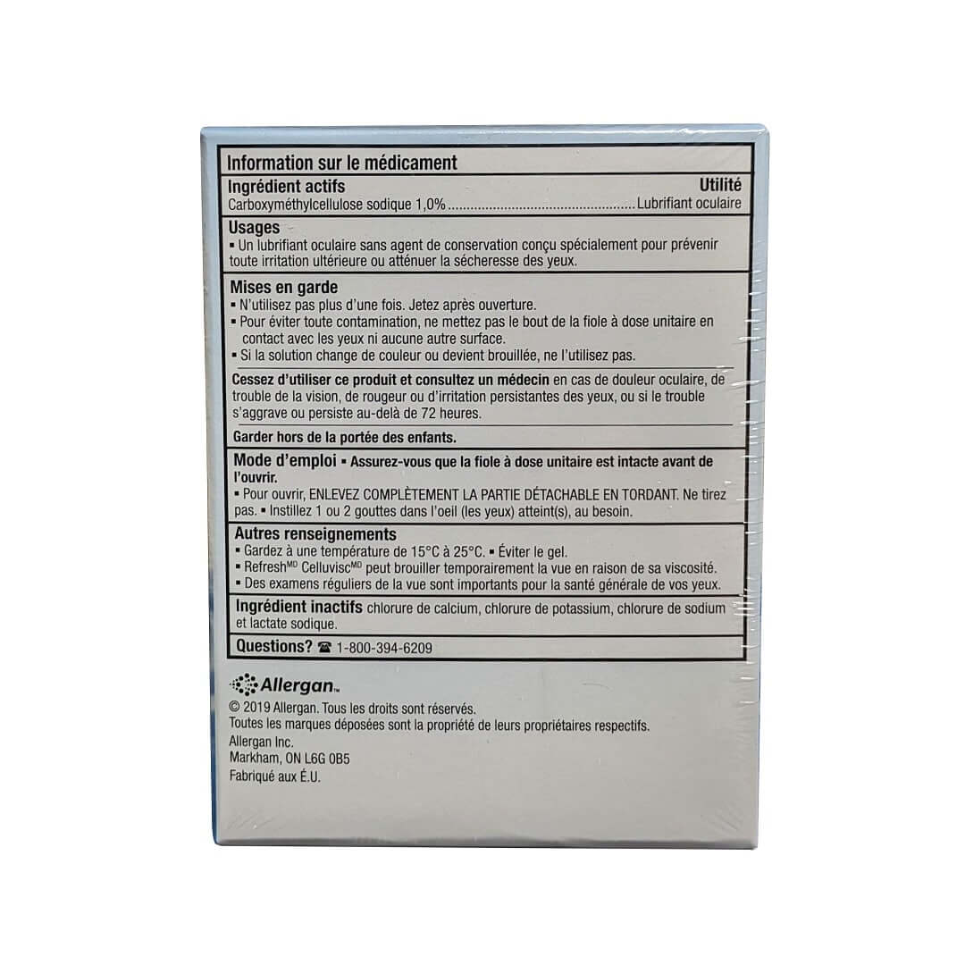Ingredients, uses, warnings, directions for Allergan Refresh Celluvisc Lubricant Eye Drops (30 x 0.4 mL) in French