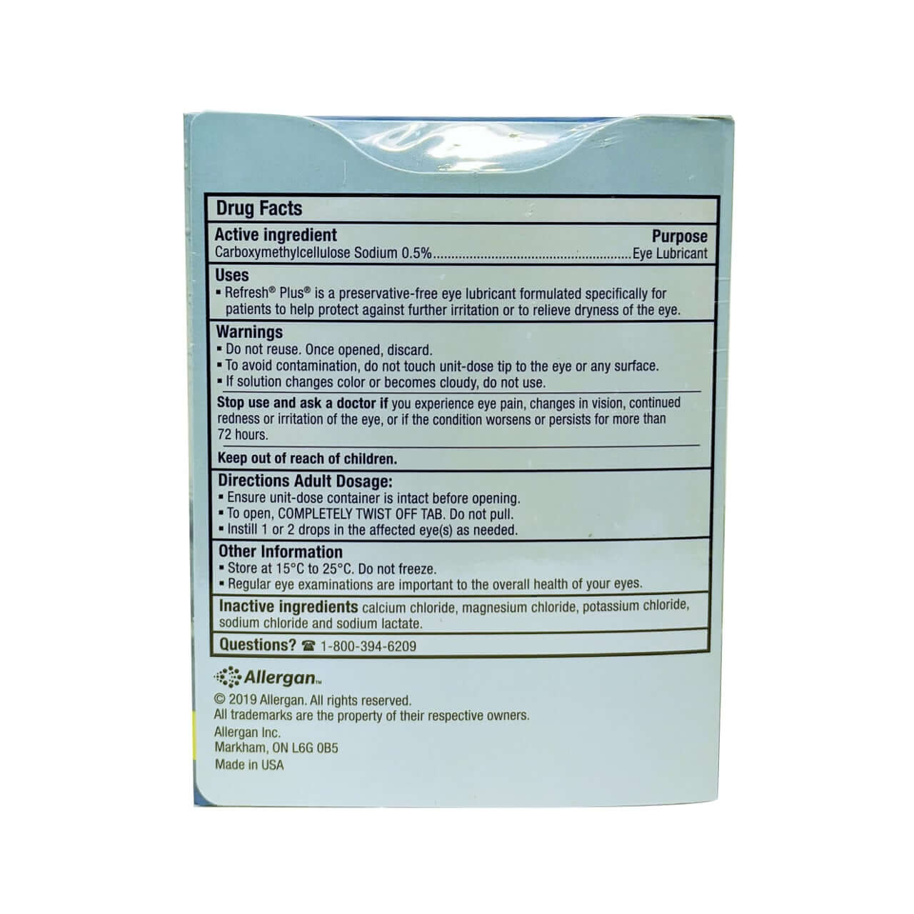 Product details, ingredients, directions, and warnings for Allergan Refresh Plus Lubricant Eye Drops in English
