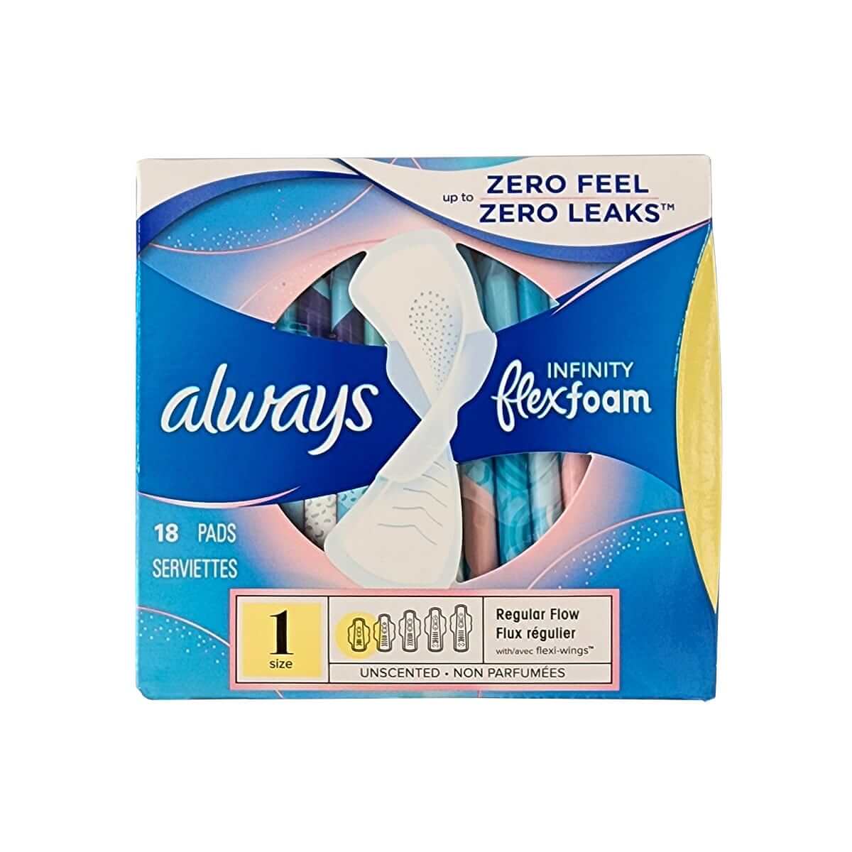 Always Infinity FlexFoam Pads for Women Size 1 Regular Absorbency, Zero  Leaks & Zero Feel is possible, with Wings Unscented, 18 Pads 
