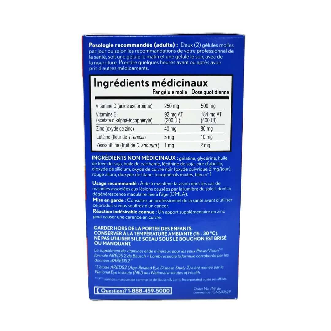 Dose, ingredients, cautions for Bausch & Lomb PreserVision AREDS2 Formula 120s in French