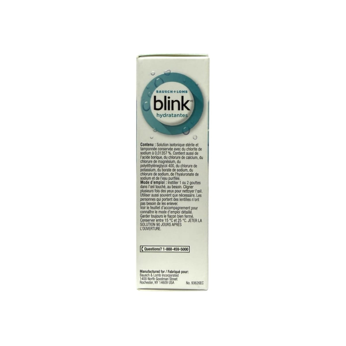 Contents and directions for Blink Moisturizing Lubricant Eye Drops Mild-Moderate for Dry Eyes (10 mL) in French