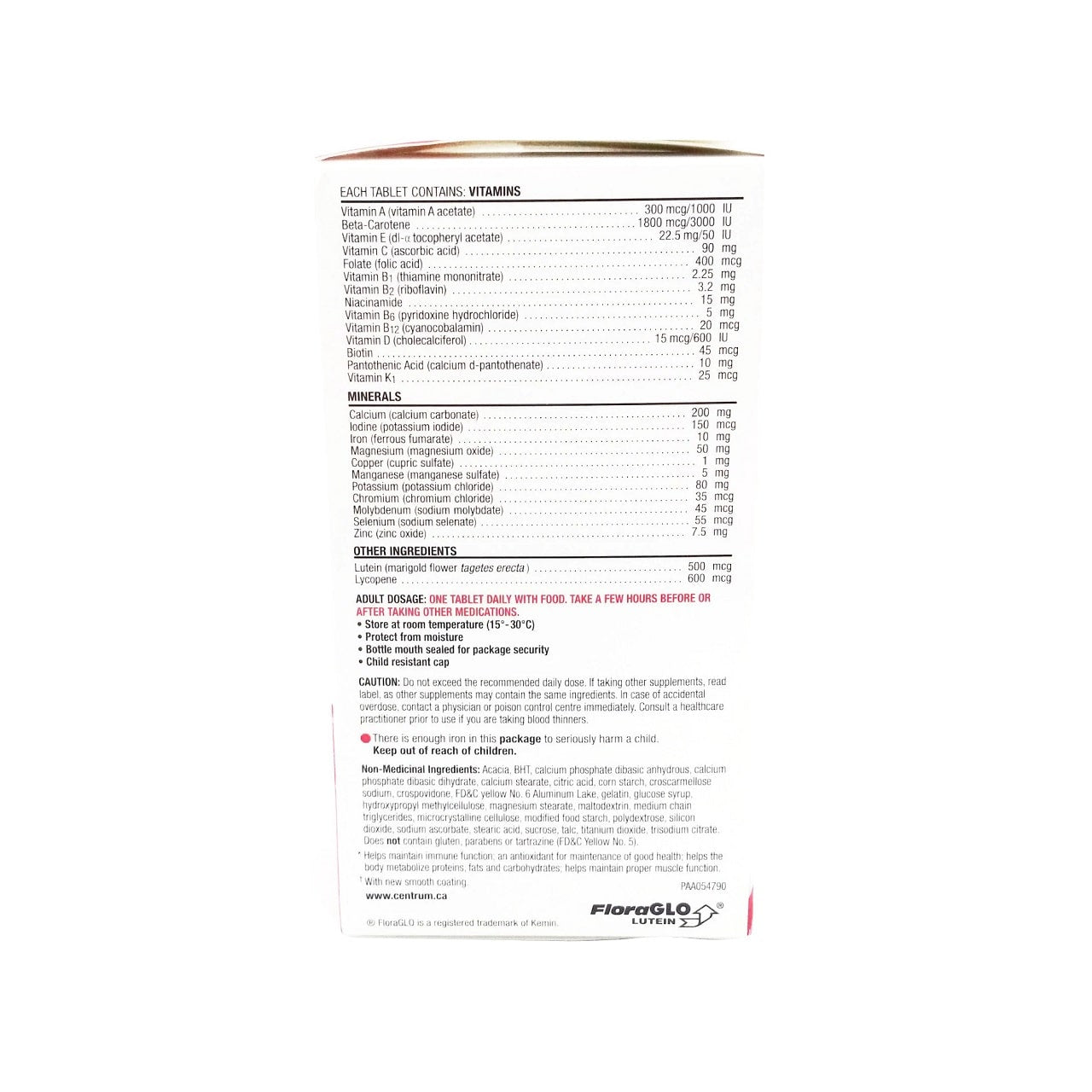 Ingredients and cautions for Centrum Forte Essentials (100 tablets)