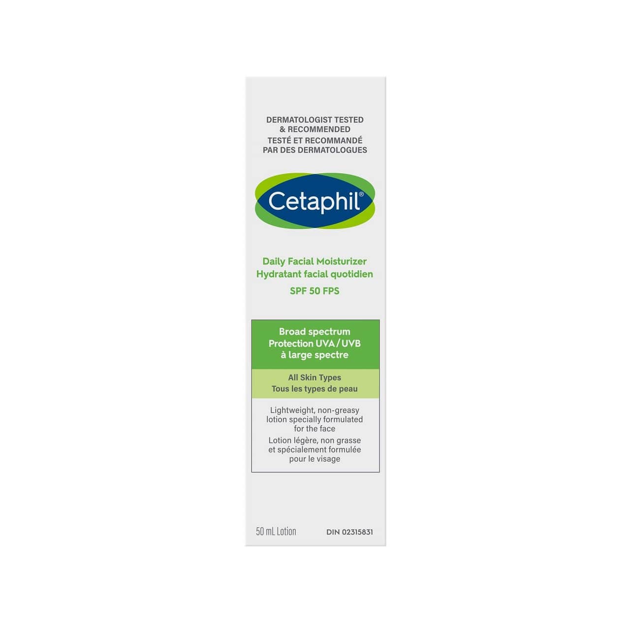 Product label for Cetaphil Daily Facial Moisturizer SPF 50 (50 mL)