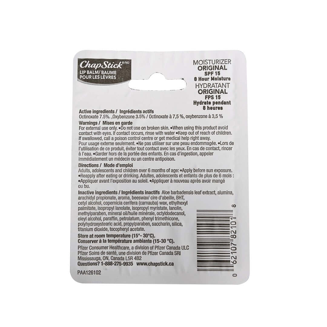 Ingredients, warnings, and directions for ChapStick Moisturizer Original SPF15 (4 grams)