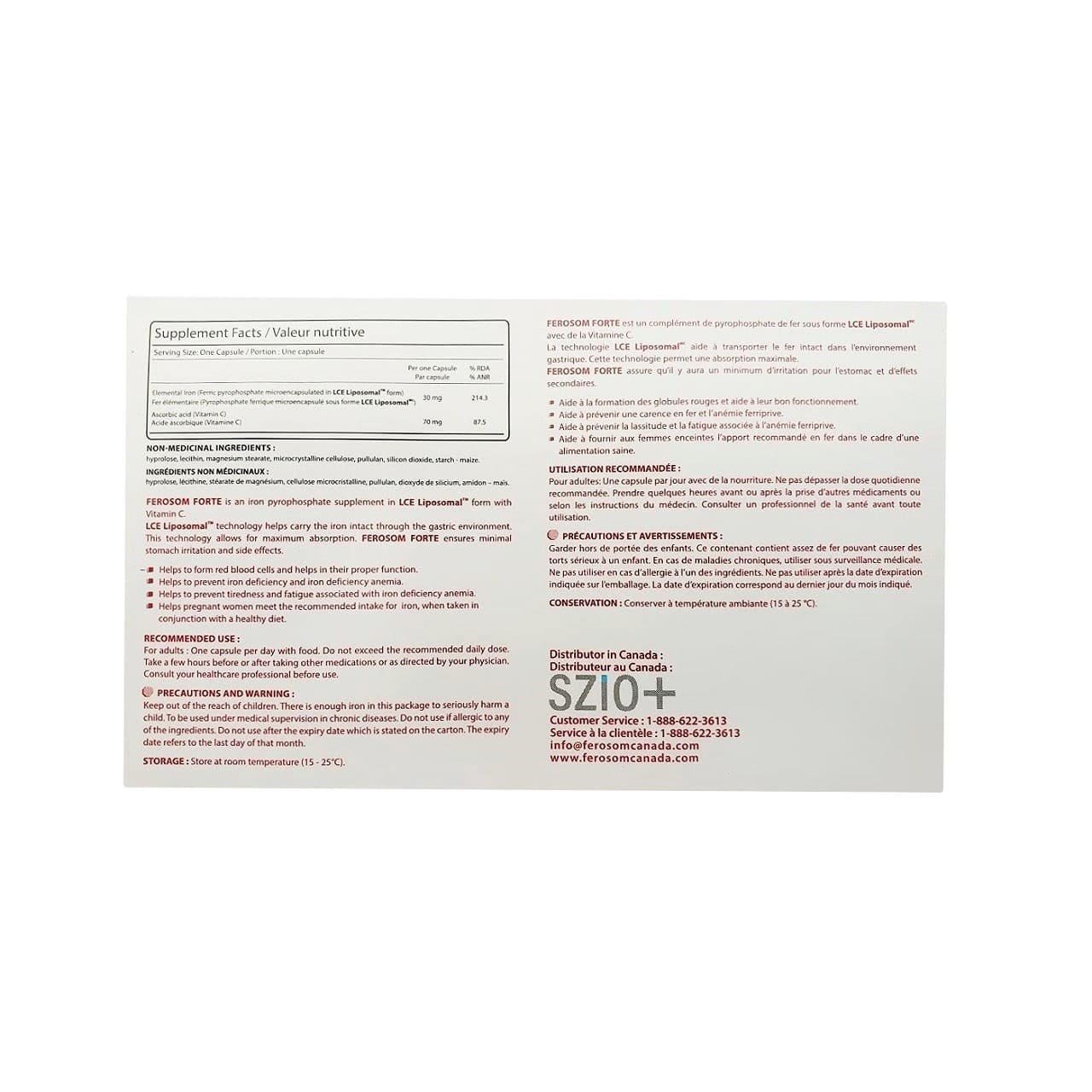 Ingredients, uses, warnings for Ferosom Forte LCE Liposomal Iron with Vitamin C (20 capsules)