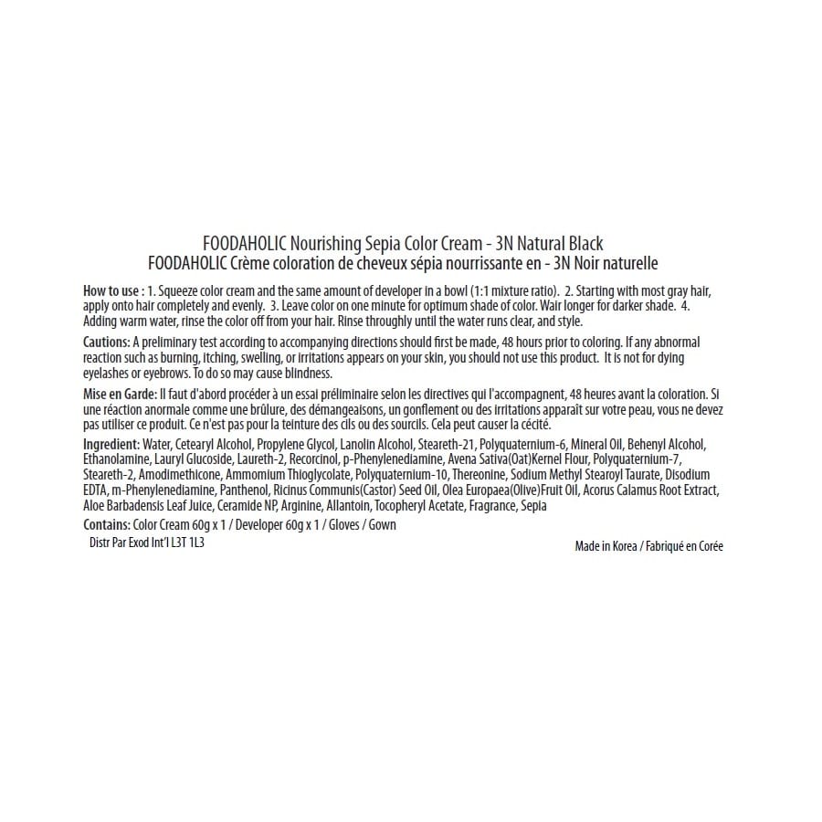 Directions, Cautions, and Ingredients for Foodaholic Nourishing Sepia Color Cream Hair Dye 3N Natural Black