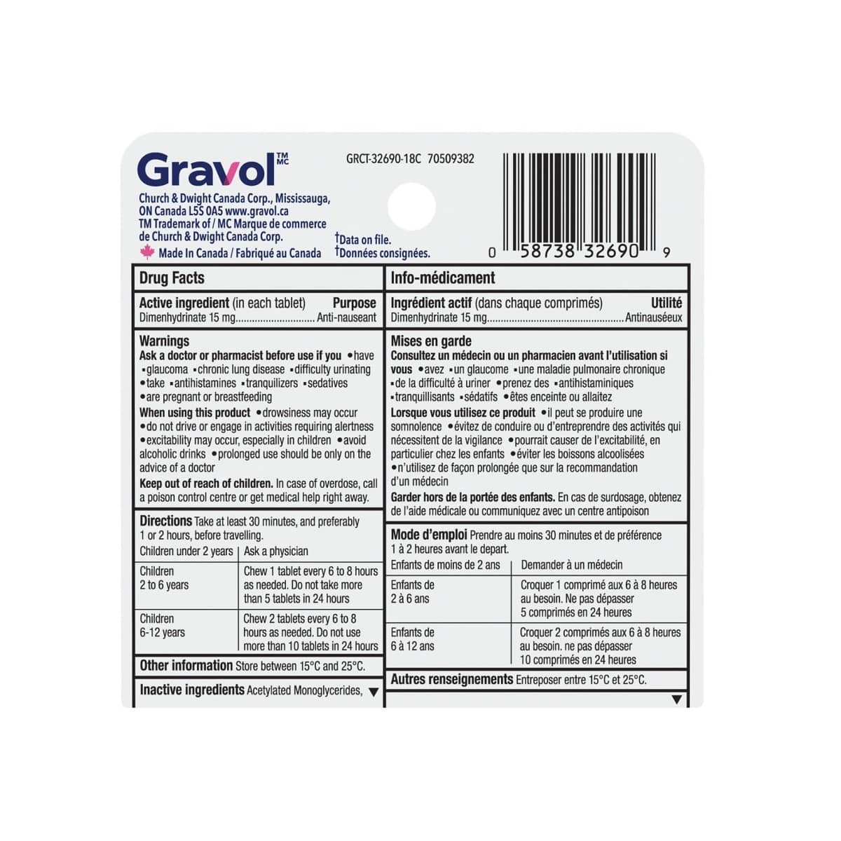 Gravol Nausea Relief Dimenhydrinate 15 mg Children's Tablets (18 tablets)