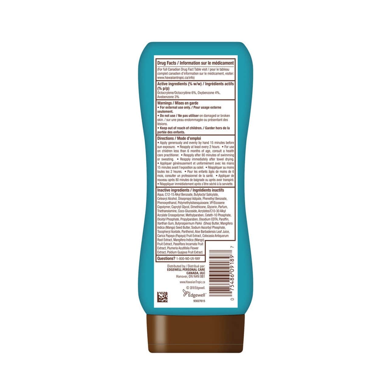 Ingredients, warnings, directions for Hawaiian Tropic Island Sport SPF 50 (240 mL)