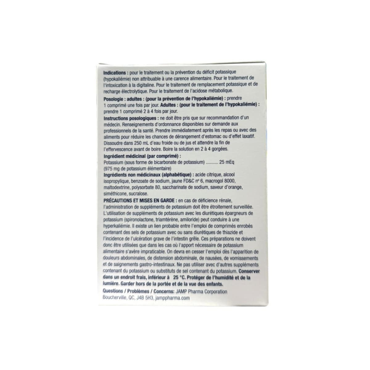Indications, dosage, ingredients, cautions for JAMP-K Potassium Supplement Effervescent Tablets Orange Flavour (30 tablets) in French