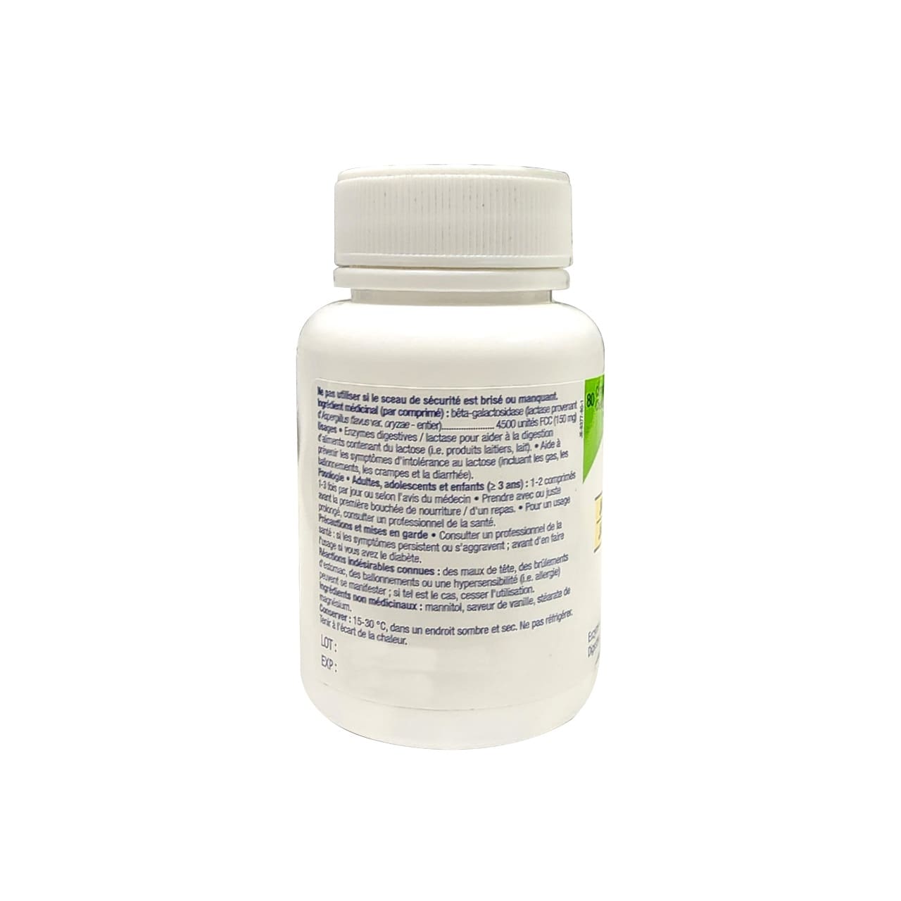 Ingredients, dosage, and cautions for JAMP Lactase Enzyme Extra Strength 4500 FCC Units Vanilla Flavour (80 tablets) in French