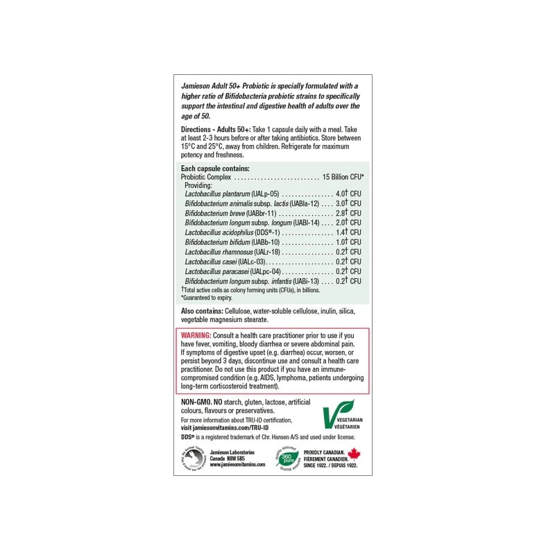 Description, directions, ingredients, warnings for Jamieson Adults 50+ Probiotic 15 Billion (30 capsules) in English
