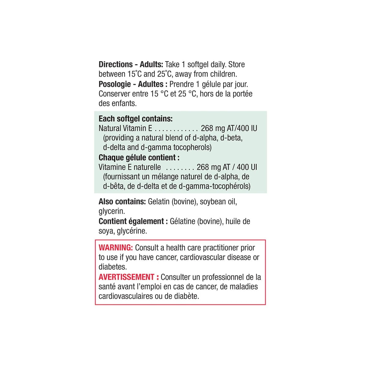 Directions, ingredients, warnings for Jamieson Balanced Vitamin E Extra Strength 400 IU (120 softgels)