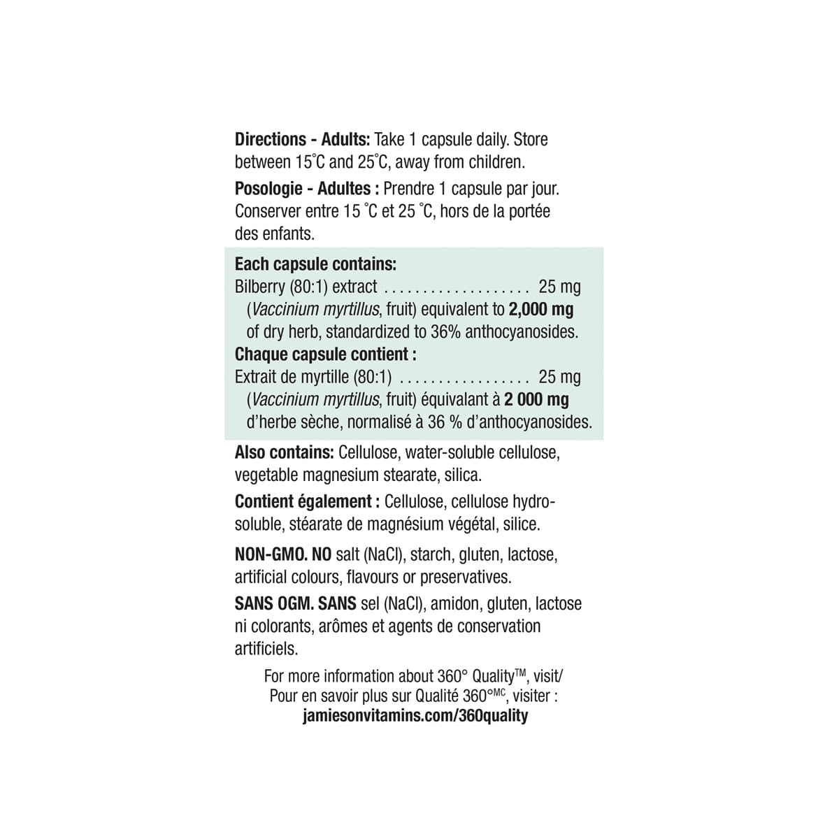 Directions, ingredients for Jamieson Bilberry 2000 mg (60 capsules)