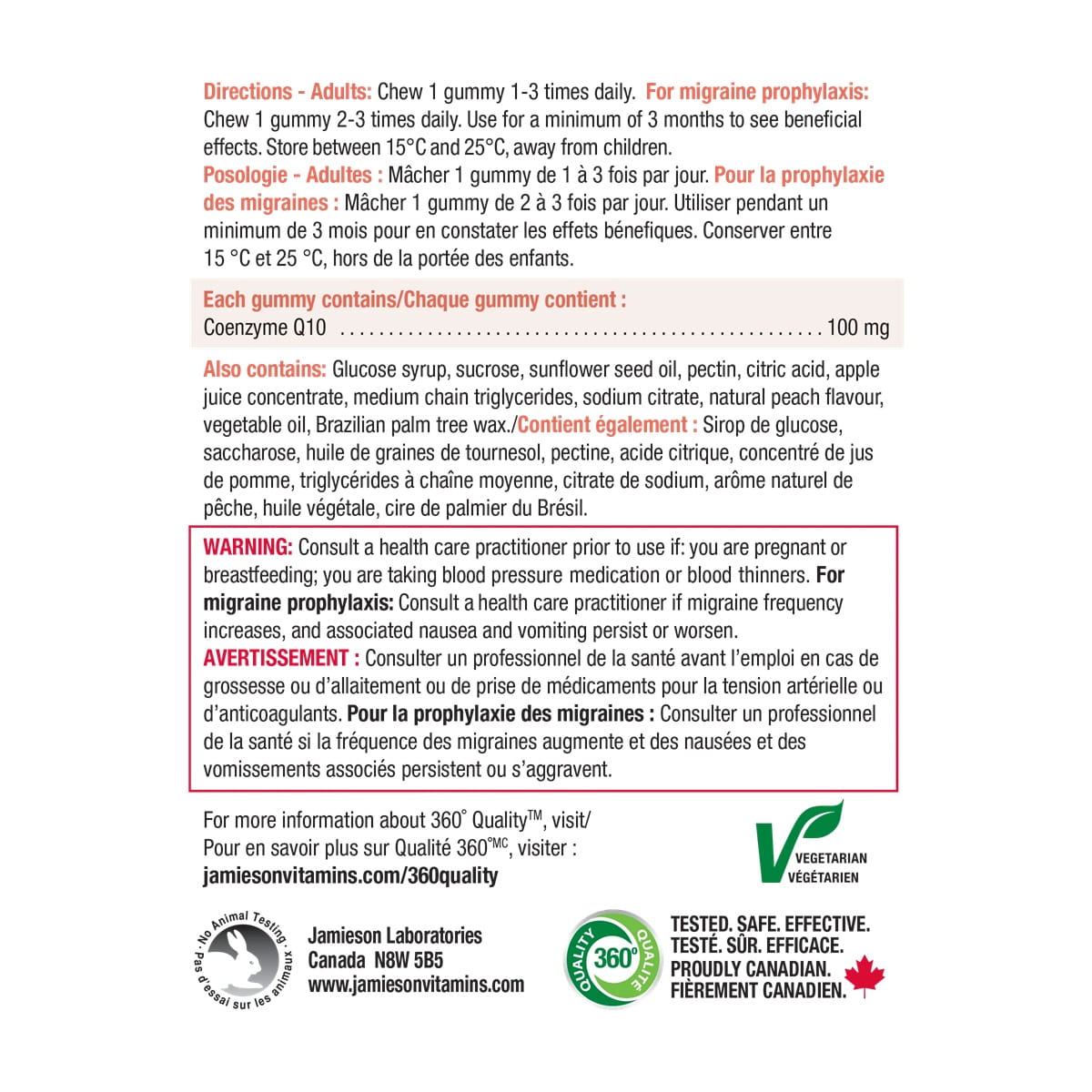 Directions, ingredients, warnings for Jamieson CoQ10 100 mg (60 gummies)