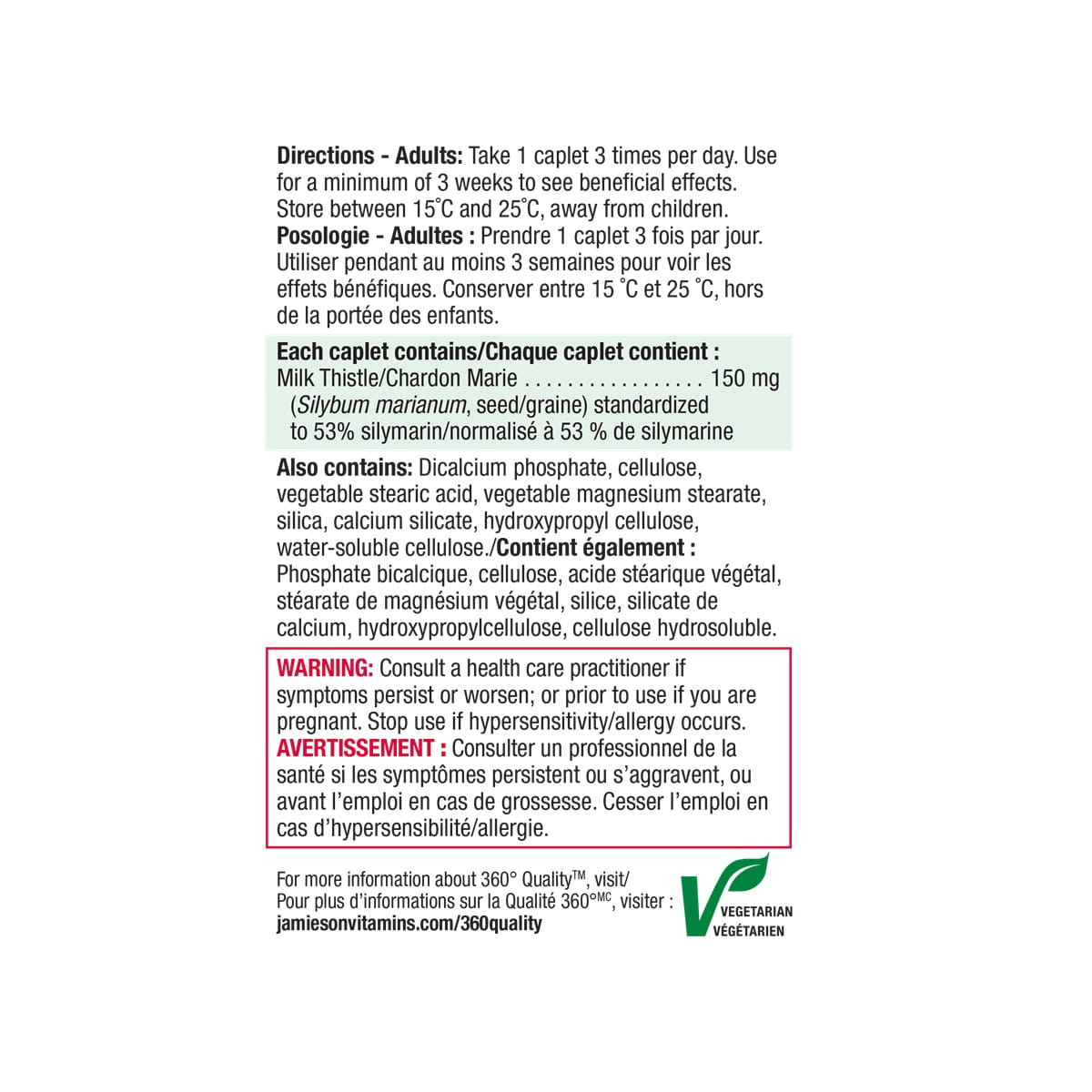 Directions, ingredients, warnings for Jamieson Milk Thistle (90 caplets)
