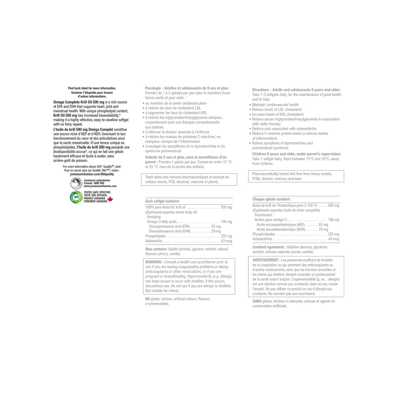 Directions, Ingredients, Warnings for Jamieson Omega Complete Krill 500 mg (100 softgels)