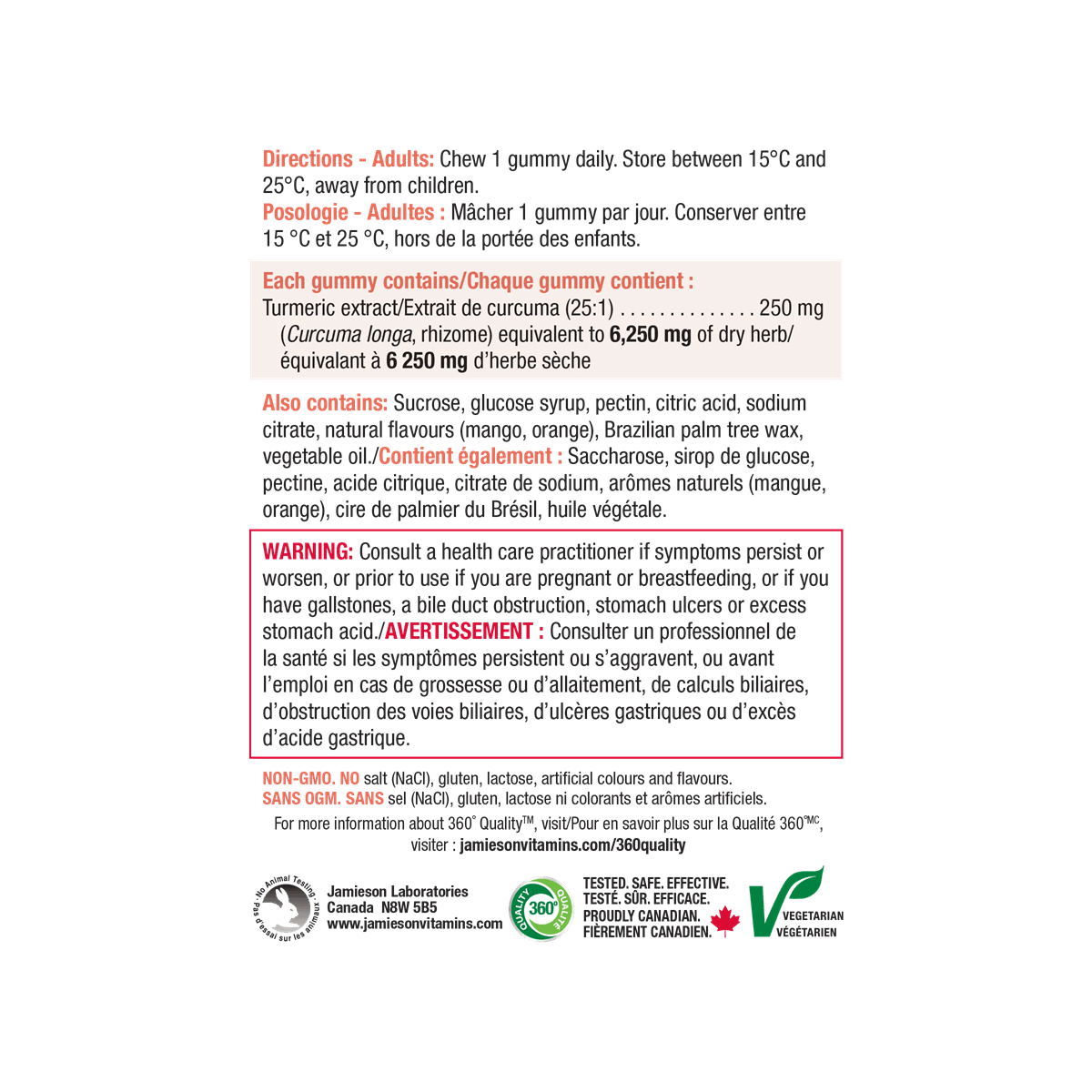 Directions, ingredients, warnings for Jamieson Turmeric Supplement Mango Gummies (60 Gummies)