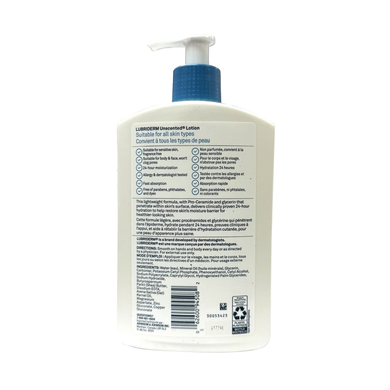 Description, directions, ingredients for Lubriderm Unscented Lotion for All Skin Types (480 mL)