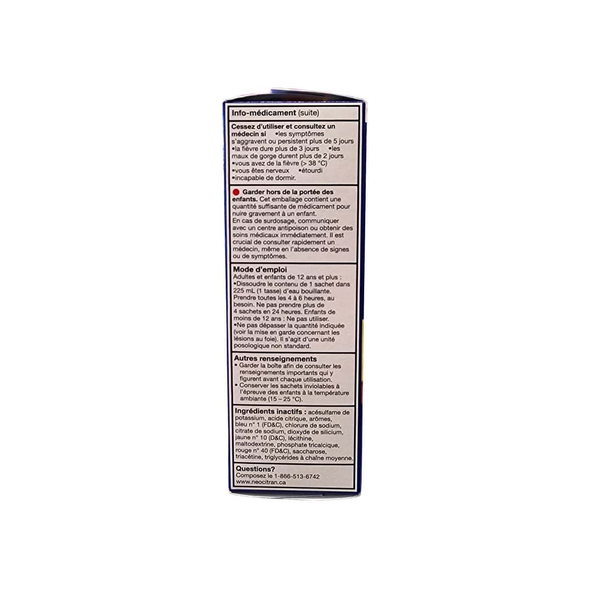 Warnings, Directions, Ingredients for NeoCitran Extra Strength Nighttime Cold & Sinus Apple Cinnamon (10 count) FR