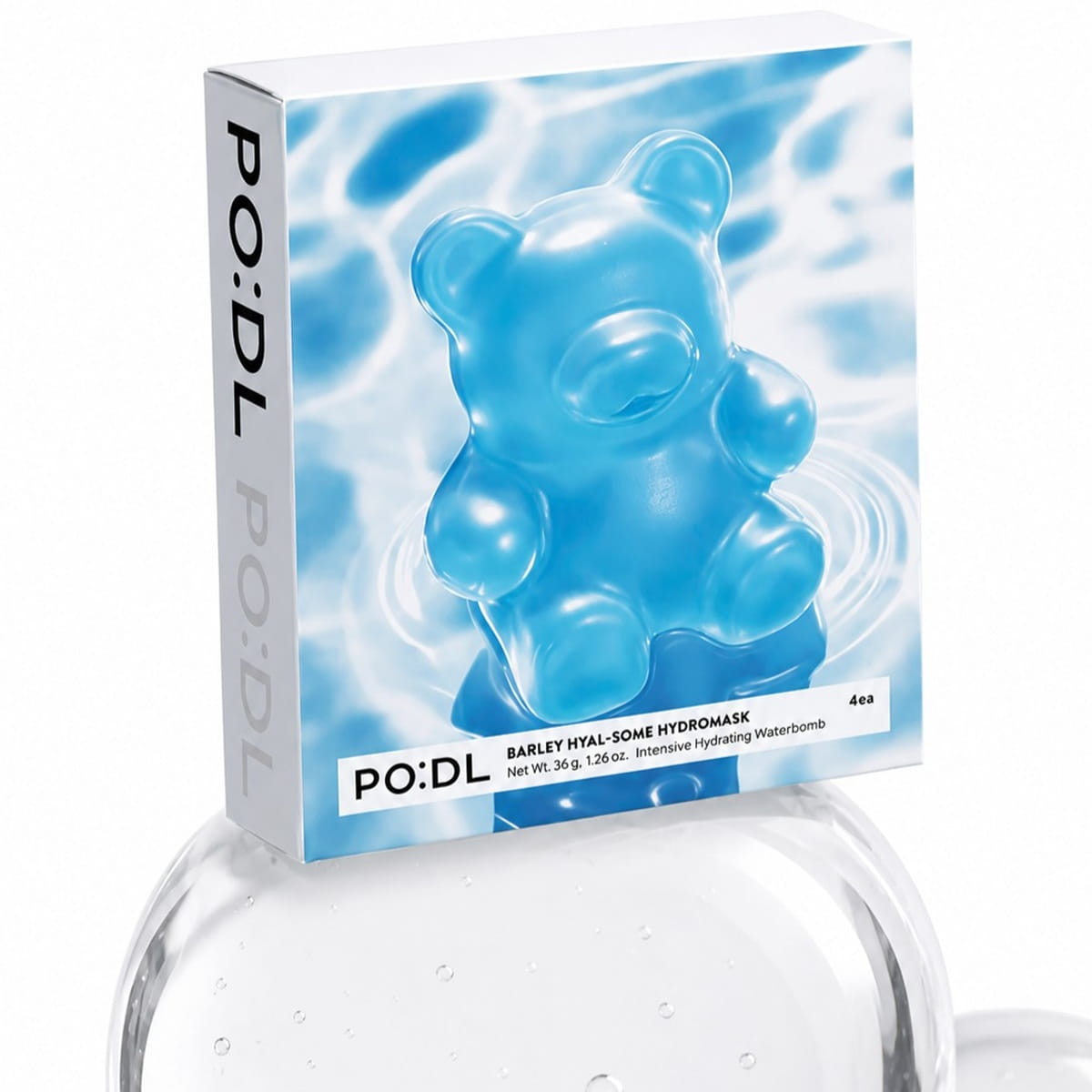 PO:DL Barley Hyal-Some Hydrormask packaging box featuring a translucent blue gummy bear graphic on a white background, with a clear round container partially visible below.