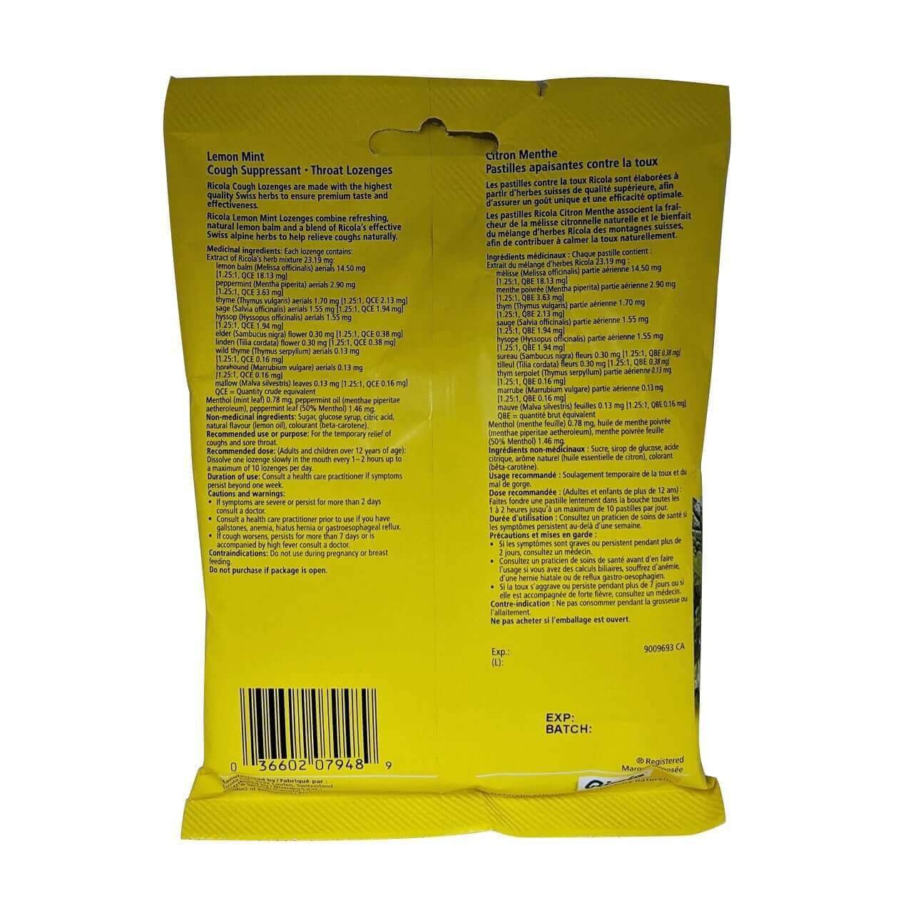 Description, dose, ingredients, warnings for Ricola Lemon Mint (19 lozenges)