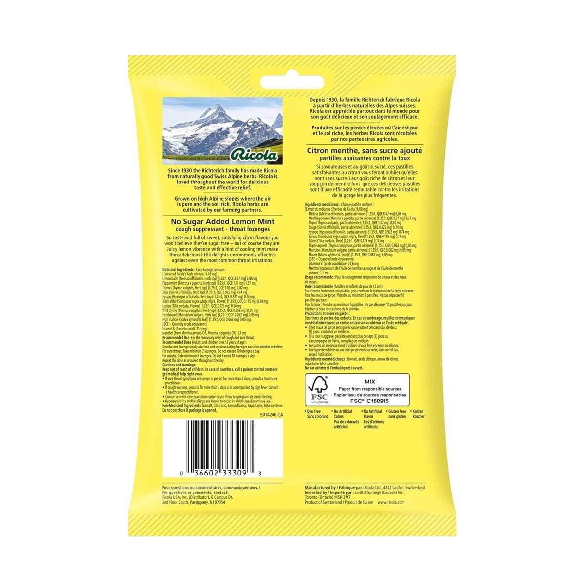 Description, ingredients, dose, cautions for Ricola Lemon Mint No Sugar Added (45 lozenges)
