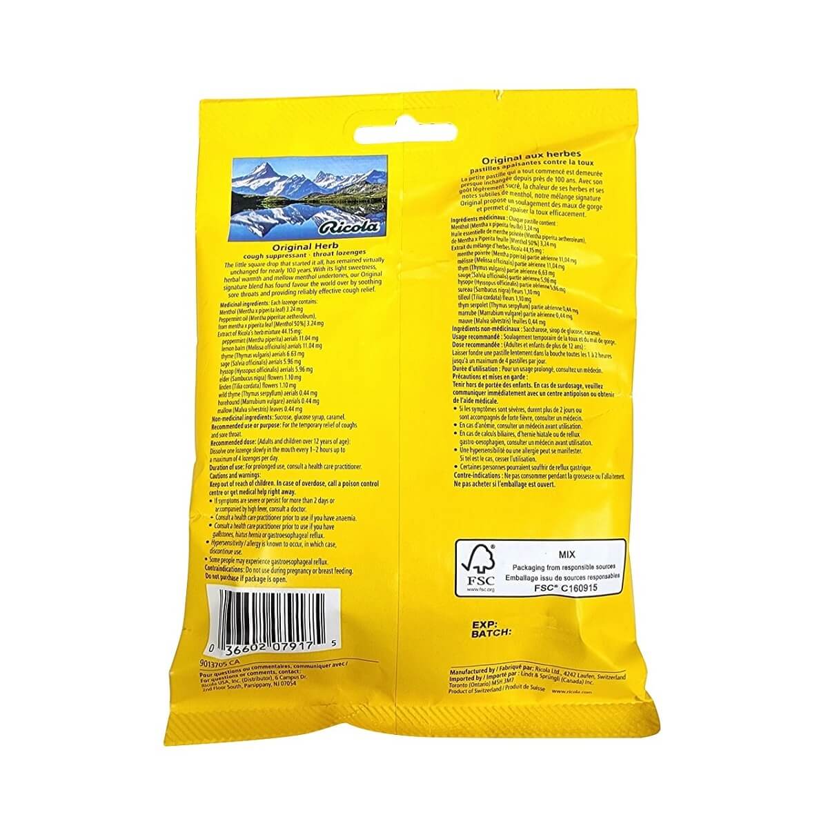 Description, ingredients, uses, cautions for Ricola Original Herb (17 lozenges)