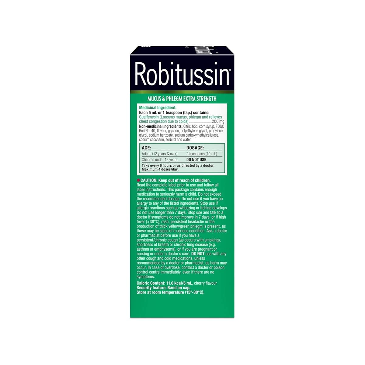 Dose, ingredients, cautions for Robitussin Extra Strength Mucus & Phlegm for 6 Hours Relief (250 mL)