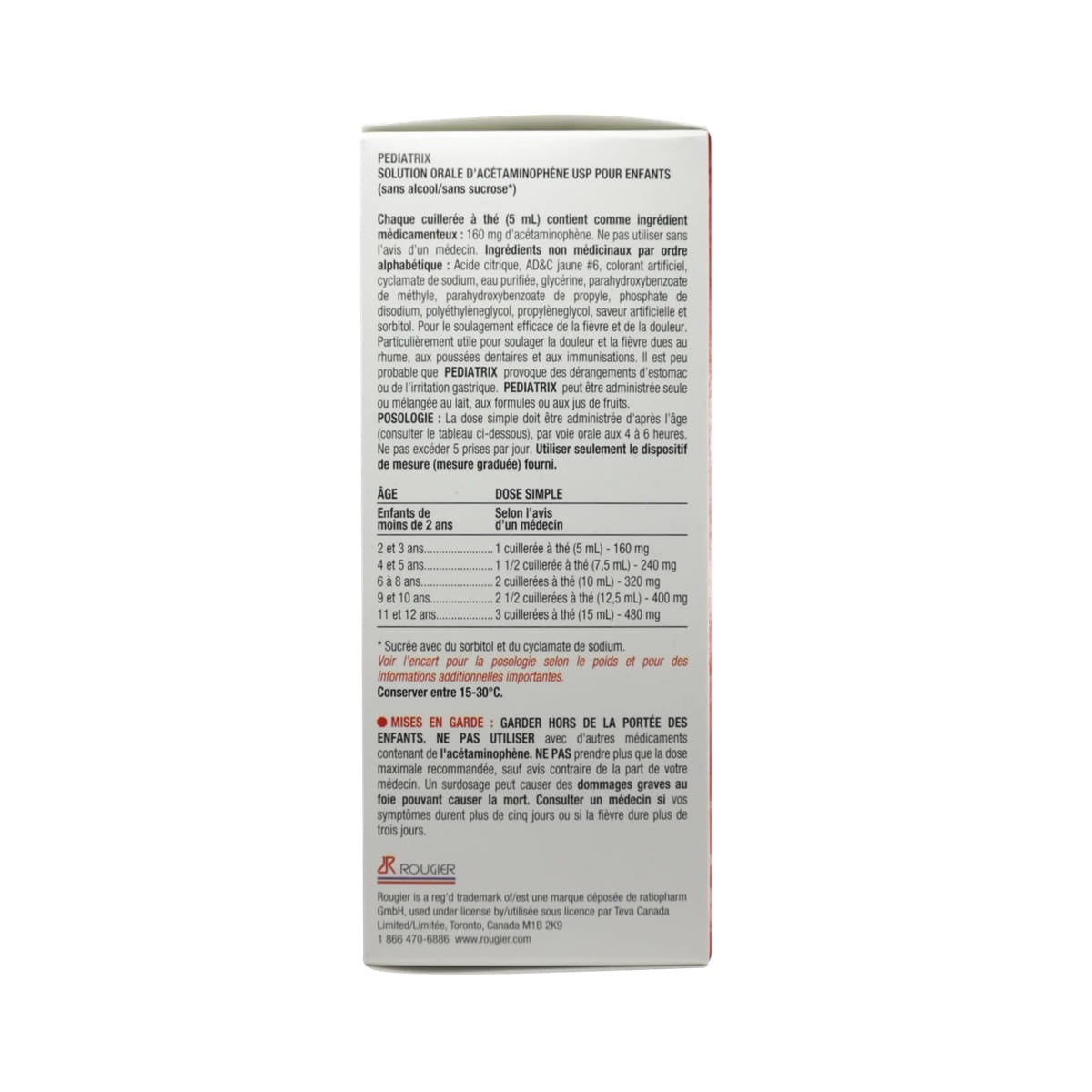 Dose, ingredients, warnings for Rougier Pediatrix Acetaminophen 160 mg / 5 mL Cherry Flavour (100 mL) FR