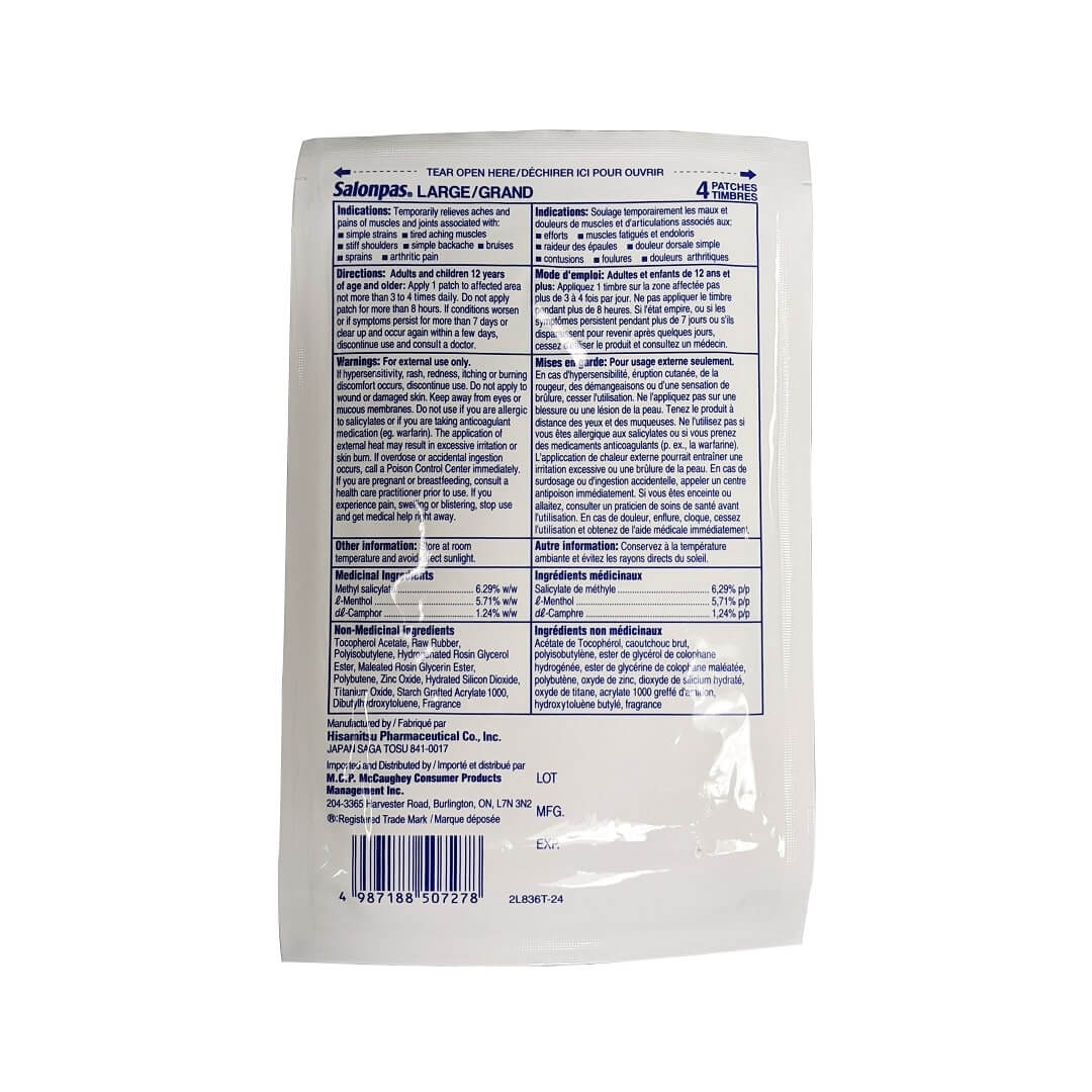 Indications, directions, warnings, and ingredients for Salonpas Large Pain Relief Patches (4 patches)