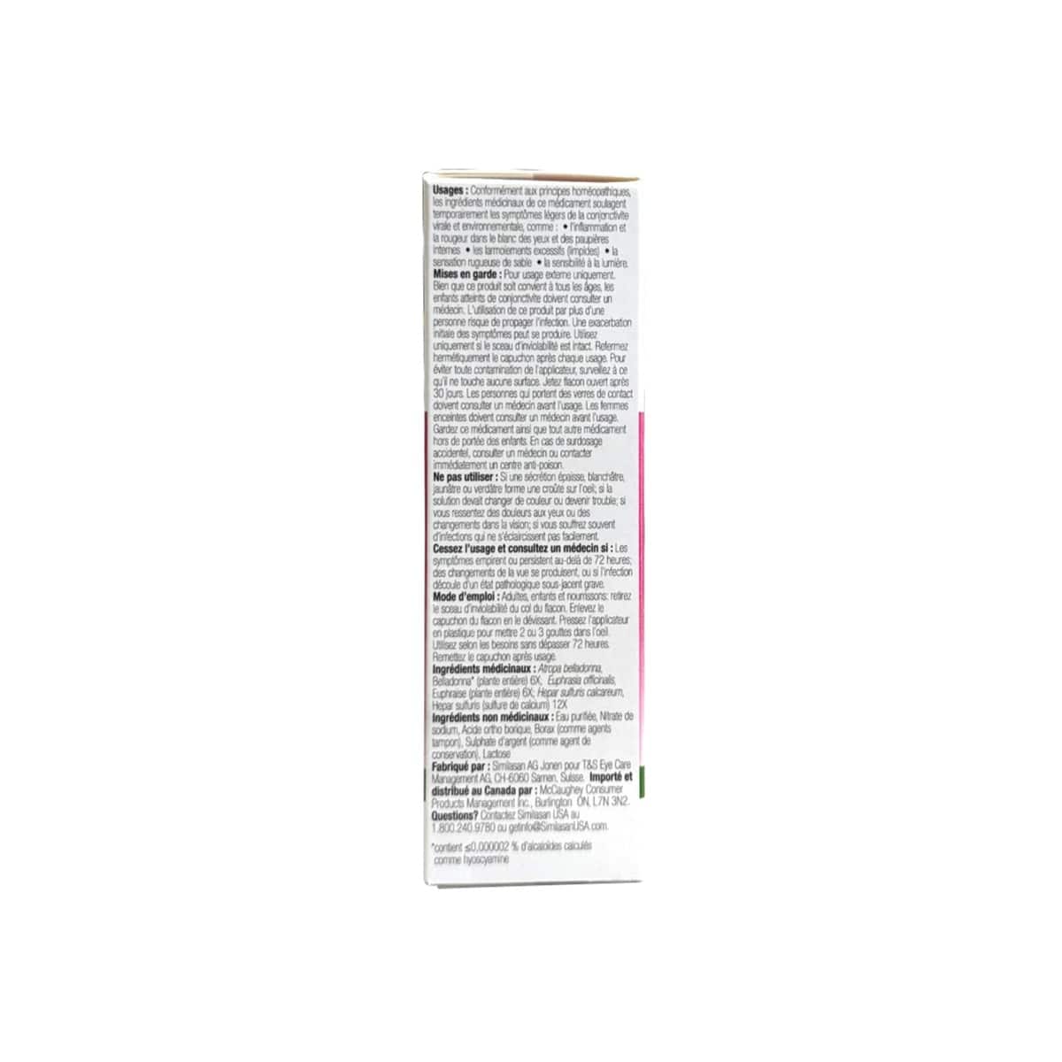 Uses, Warnings, Directions, Ingredients for Similasan Pink Eye Relief Original Swiss Formula (10 mL) in French