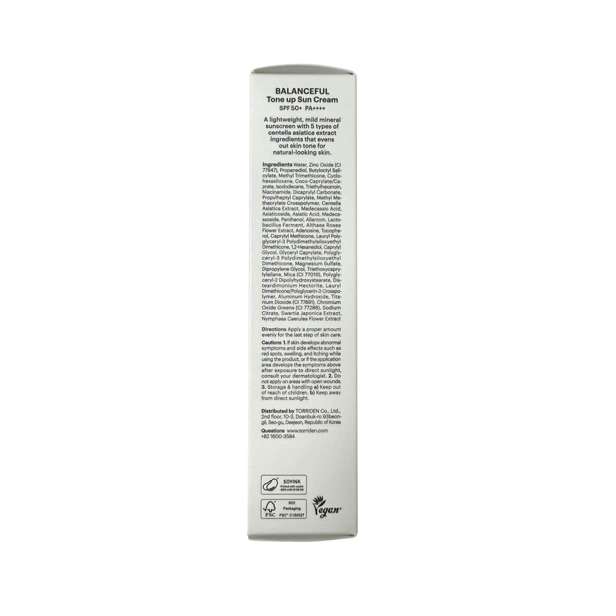 Ingredients for Torriden Balanceful Cica Tone-Up Sun Cream SPF50+ PA++++ (60 mL)