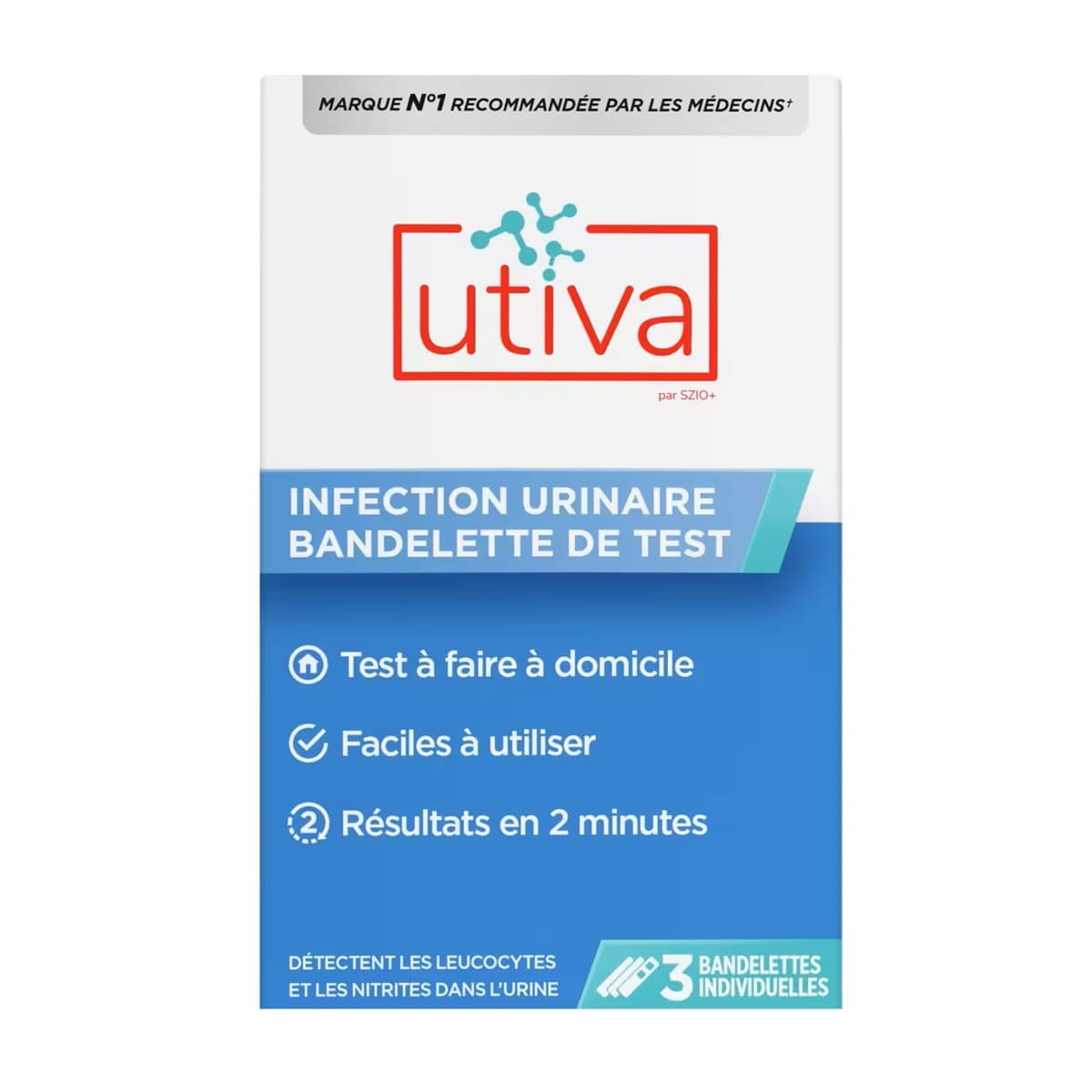 Product label for UTIVA UTI Test Strips (3 count) in French