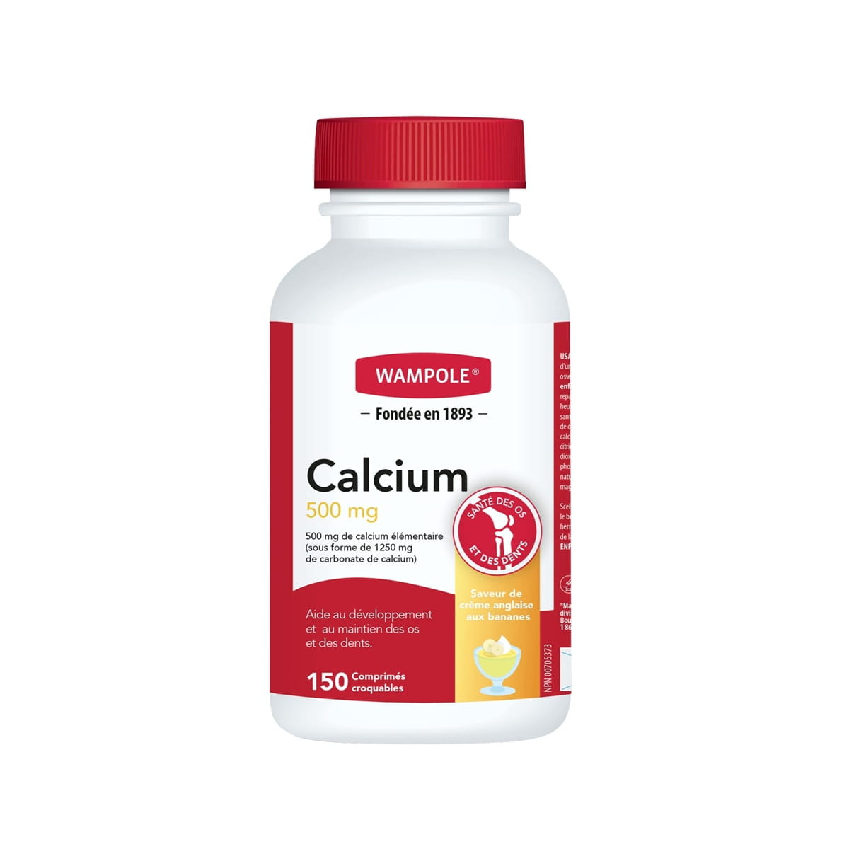 Product label for Wampole Calcium Carbonate 500mg Banana Custard Chewables (150 tablets) in French