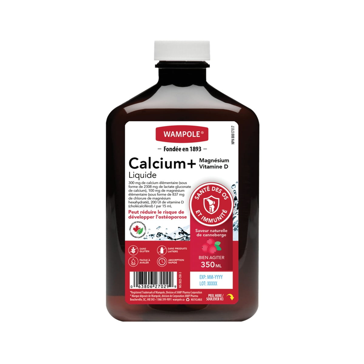 Product label for Wampole Calcium+ with Magnesium and Vitamin D (350 mL) in French