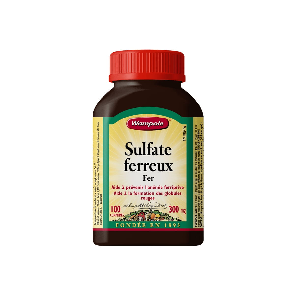 Bottle for Wampole Ferrous Sulfate 300mg (100 Tablets) in French