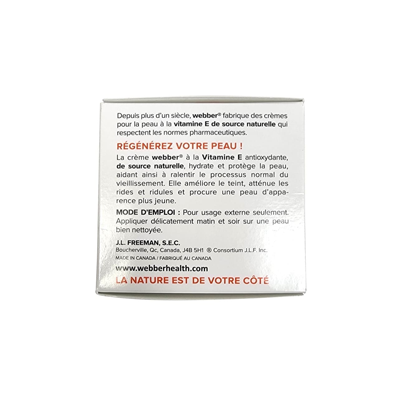 Description, directions, ingredients for Webber Vitamin E Moisture Cream (120 mL) in French