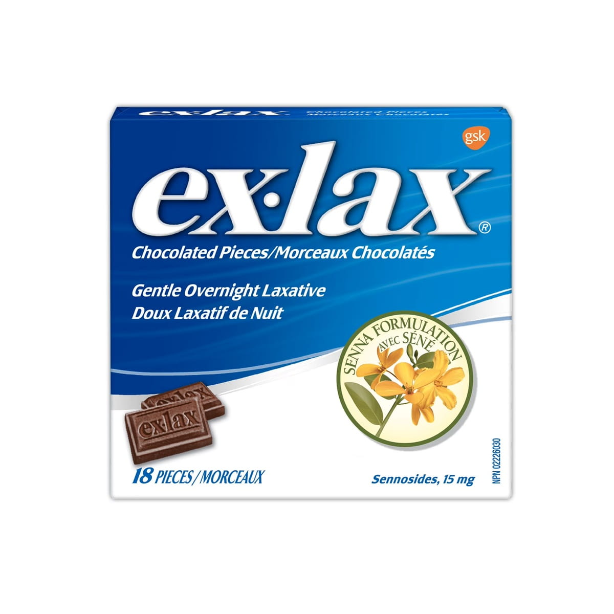 Box for ex-lax Gentle Overnight Laxative Chocolated Pieces (18 count)