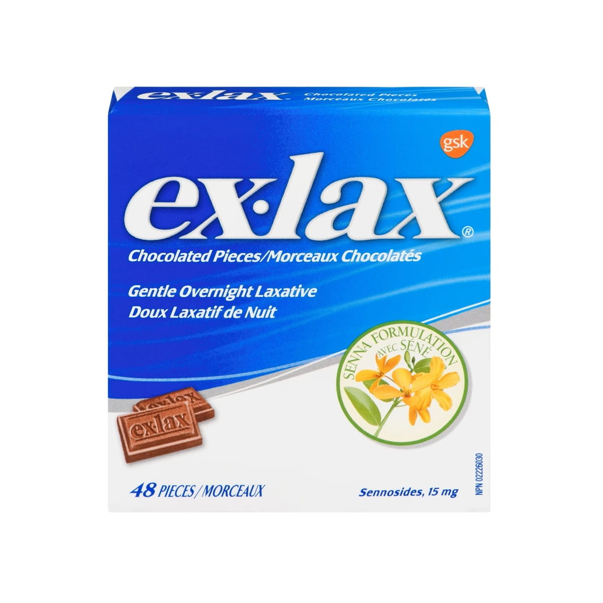 Box for ex-lax Gentle Overnight Laxative Chocolated Pieces (48 count)