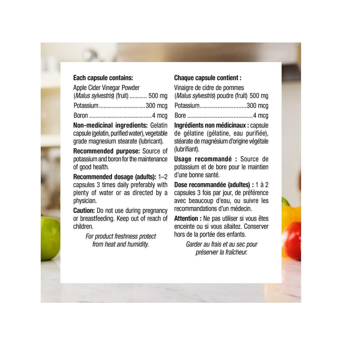 Ingredients, purpose, dosage, caution for webber naturals Apple Cider Vinegar 500 mg (240 capsules)