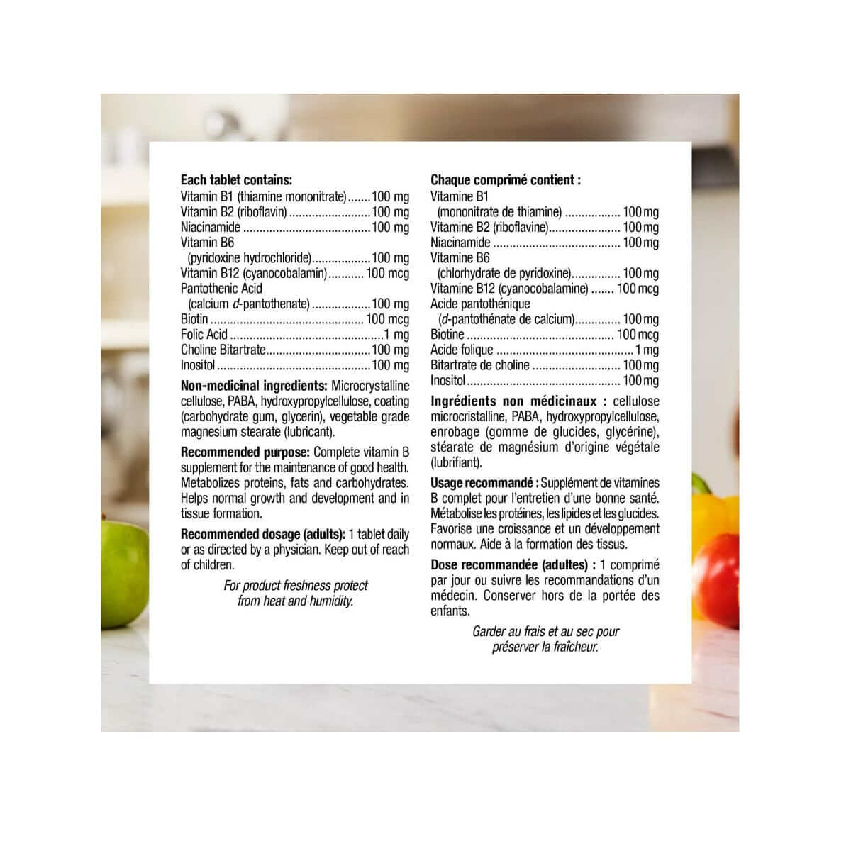 Ingredients, purpose, dosage for webber naturals B100 Complex (90 tablets)