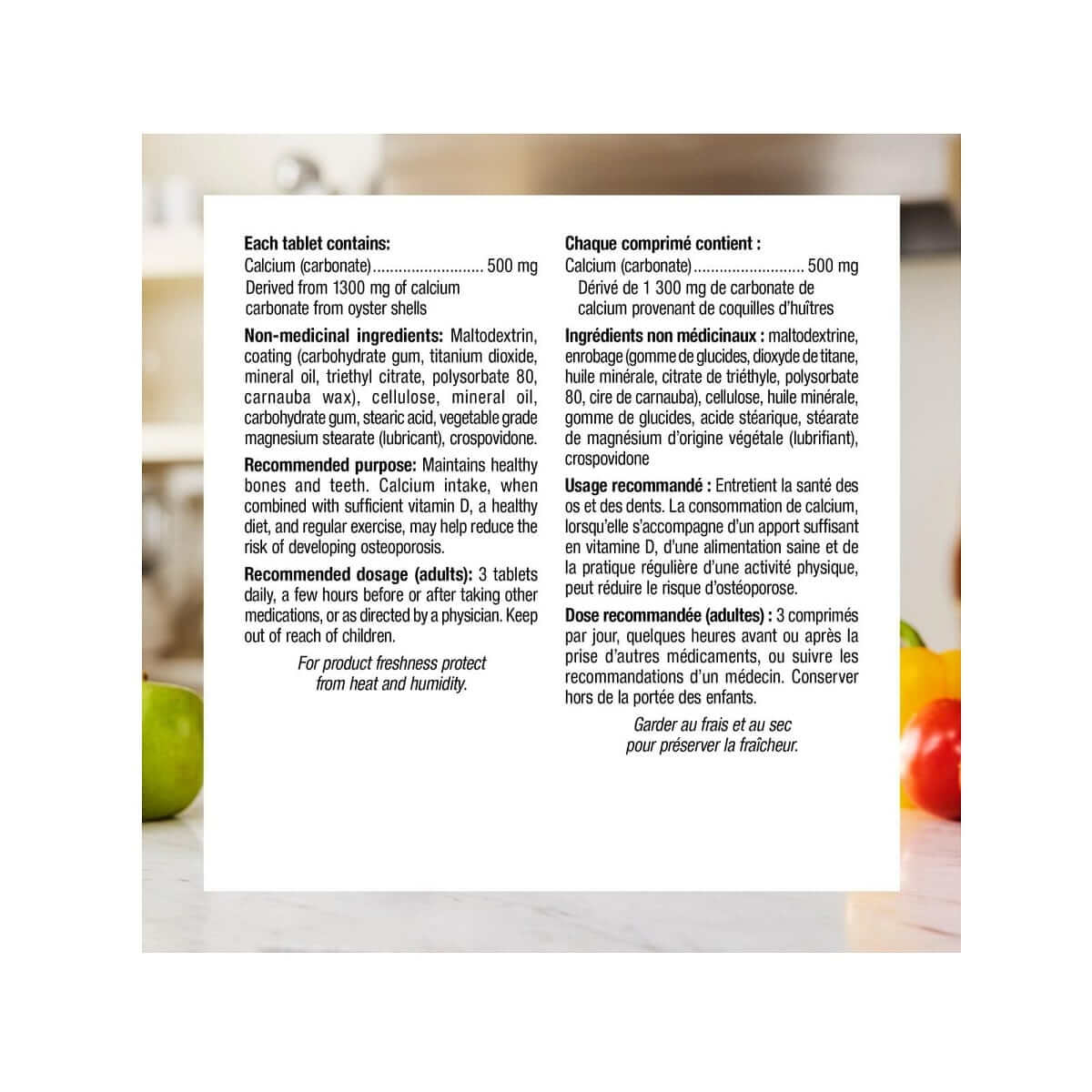 Ingredients, purpose, dosage for webber naturals Calcium 500 mg (250 tablets)