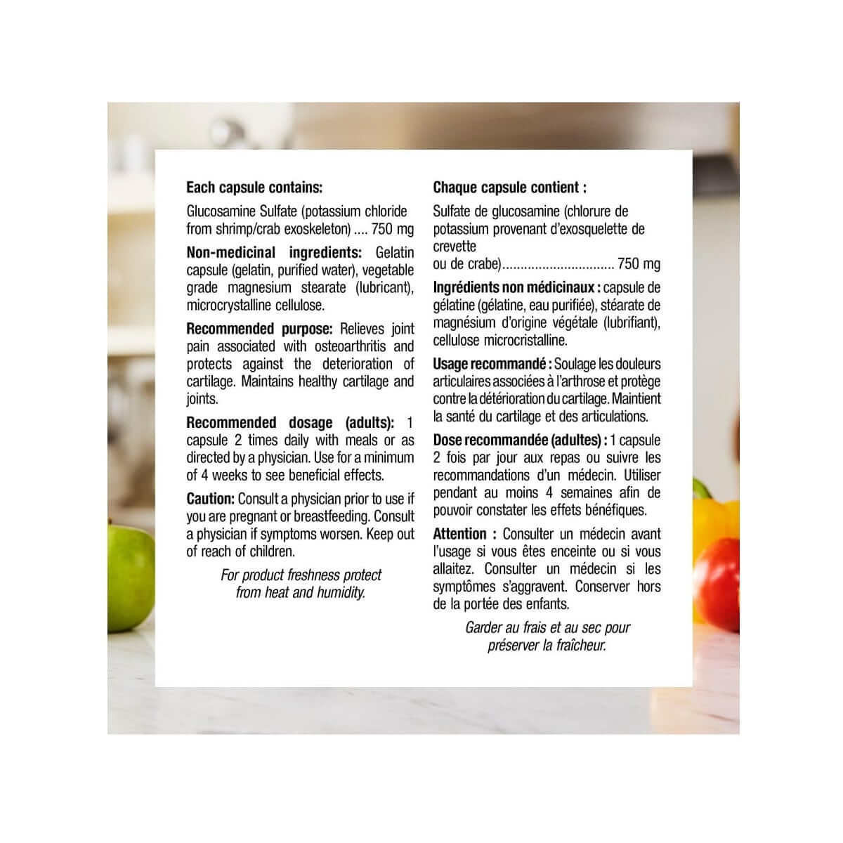 Ingredients, purpose, dose, caution for webber naturals Glucosamine Sulfate 750mg (250 capsules)