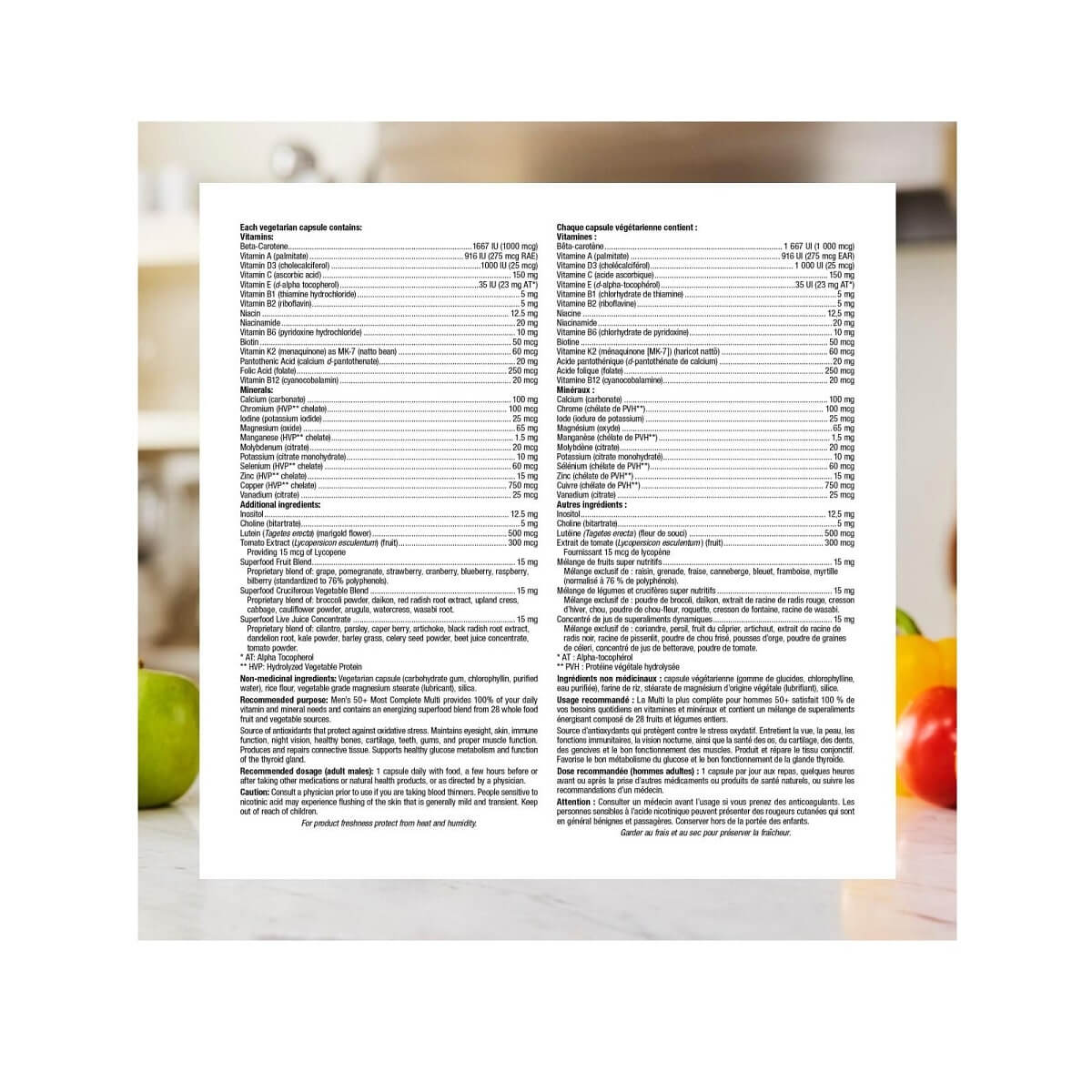 Ingredients, purpose, dose for webber naturals Most Complete Multi Vegi Capsules for Men 50+ (90 capsules)