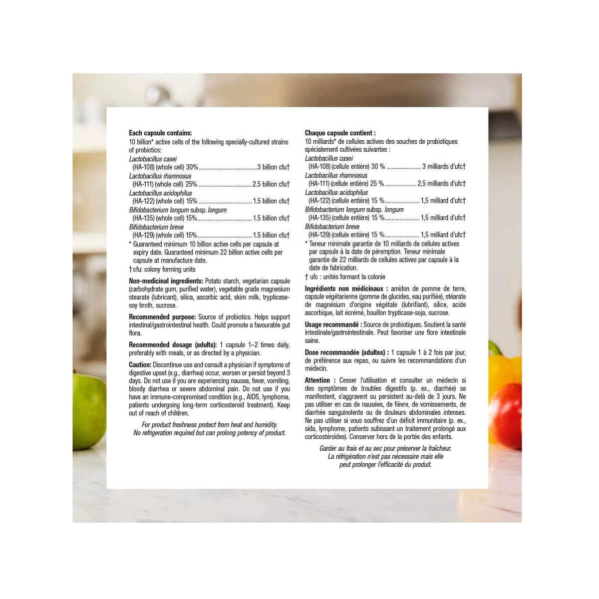 Ingredients, purpose, dosage, caution for webber naturals Probiotic 10 Billion with 5 Probiotic Strains (40 capsules)