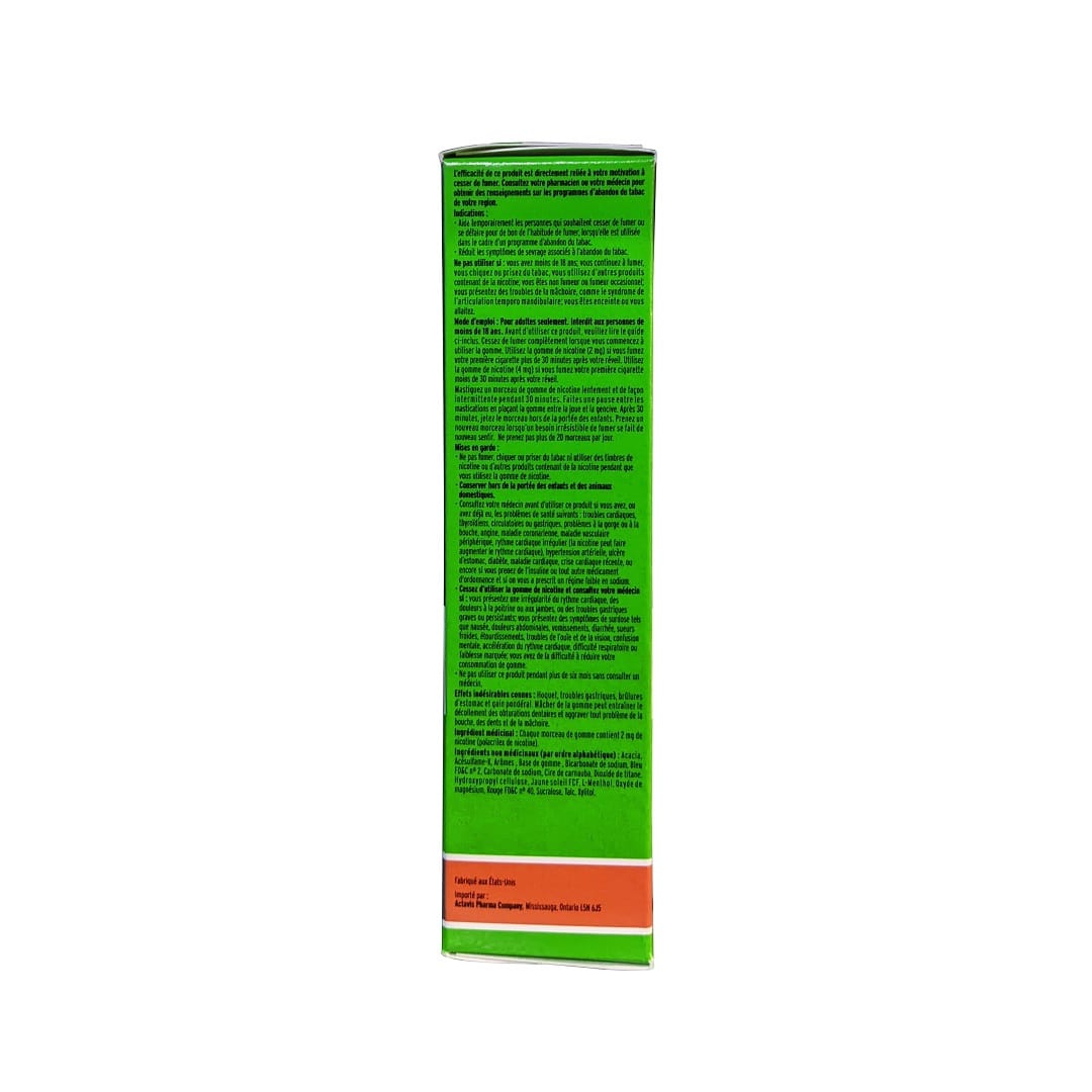 Description, indication, ingredients, warnings for Actavis Regular Strength Nicotine Polacrilex Gum 2 mg (30 count) in French