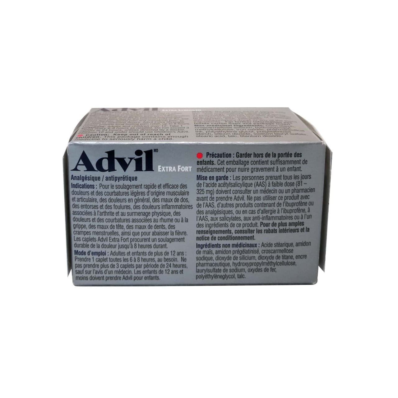 French product details, directions, ingredients, and warnings for Advil Extra Strength Ibuprofen 400mg Caplets