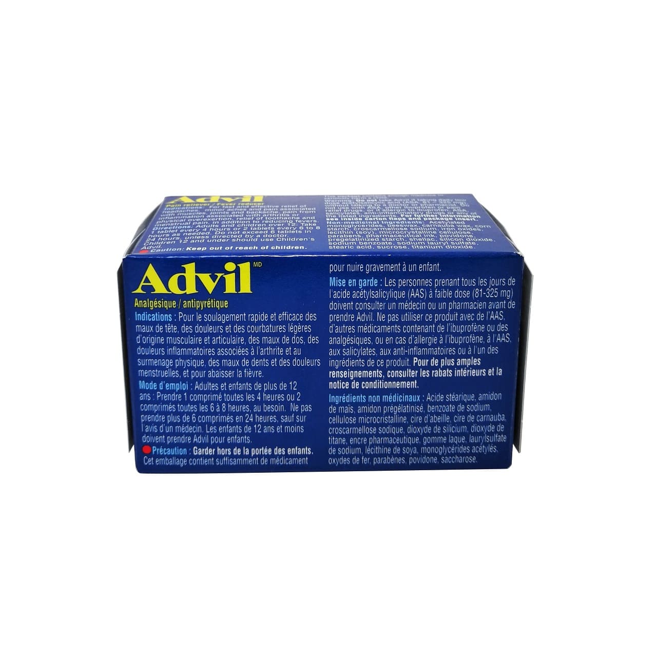 Indications, directions, warnings, and ingredients for Advil Ibuprofen 200 mg (24 Tablets) in French